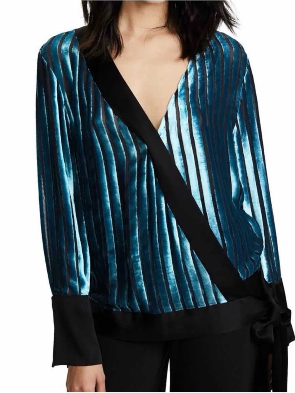 NWT DVF cross over blouse blue Teal Velvet Striped Wrap Top with Black Trim  tie